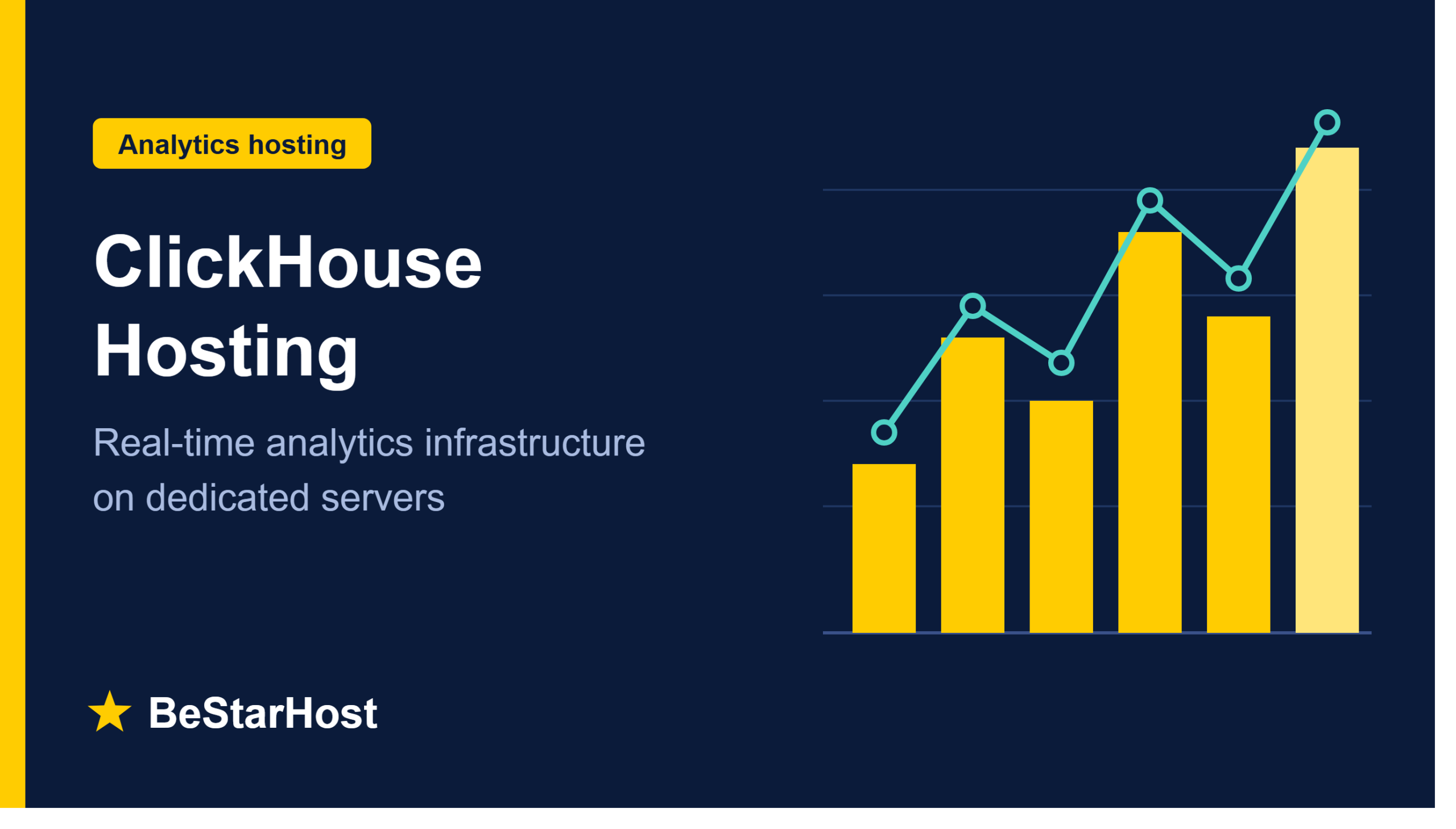 ClickHouse hosting banner showing columnar data bars and a real-time analytics line chart with the BeStarHost logo